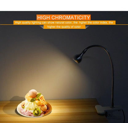 USB LED Desk Lamp with Clip black flexible gooseneck lighting a dessert plate on desk Stevvex on Tampa Home & Garden Store