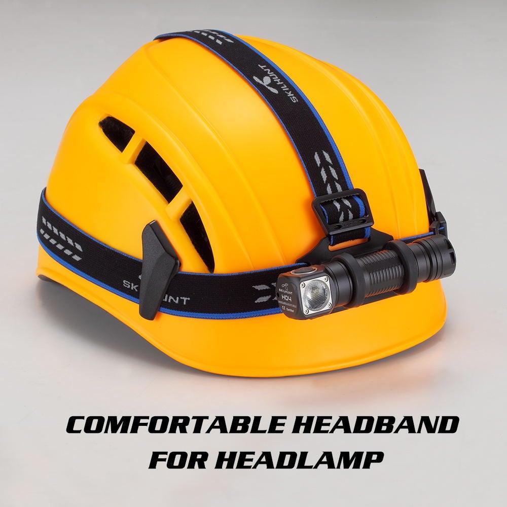 USB rechargeable LED headlamp on a yellow safety hard hat with Stevvex strap on Tampa Home & Garden Store