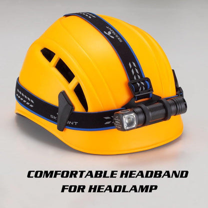 USB rechargeable LED headlamp on a yellow safety hard hat with Stevvex strap on Tampa Home & Garden Store