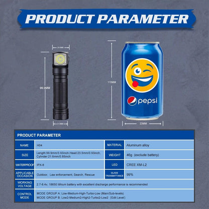 USB rechargeable flashlight with Cree LED, black tactical light beside Pepsi can for scale on Tampa Home & Garden Store