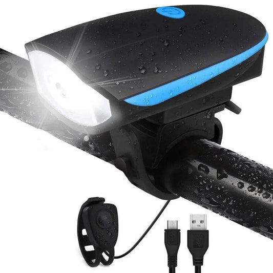 Stevvex USB rechargeable bike front light with LED headlight, horn, blue trim on Tampa Home & Garden Store