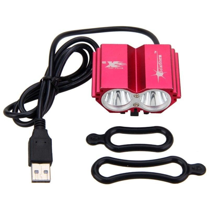 USB Waterproof Bike Light Front Headlamp by Stevvex, red body, dual lamps, USB cable, 2 straps on Tampa Home & Garden Store