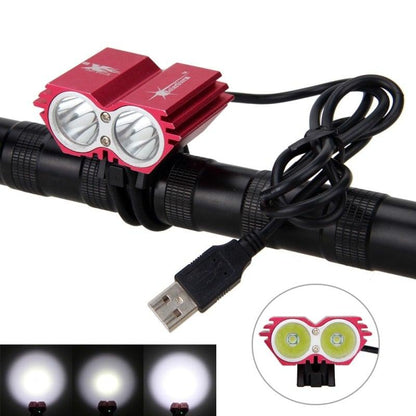Stevvex USB rechargeable dual-LED bike headlight in red aluminum housing mounted on a handlebar on Tampa Home & Garden Store