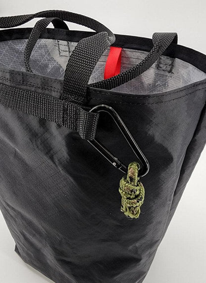 Utility Tote 32L ECOPAK black nylon tote for camping with carabiner and green paracord knot on Tampa Home & Garden Store