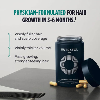 Nutrafol Men hair growth supplement bottle with teal label, capsules scattered beside it on Tampa Home & Garden Store