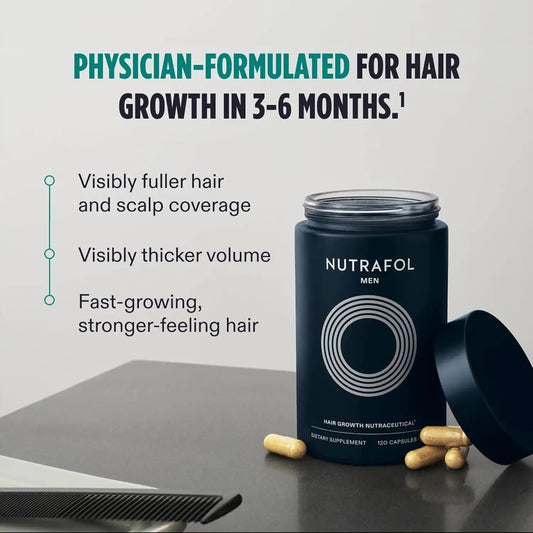 Nutrafol Men hair growth supplement bottle with teal label, capsules scattered beside it on Tampa Home & Garden Store