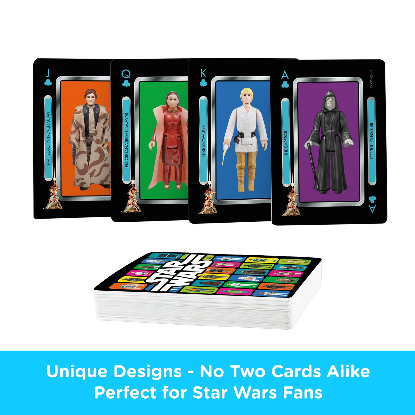 Star Wars playing cards featuring four action-figure cards with colorful backs on Tampa Home & Garden Store