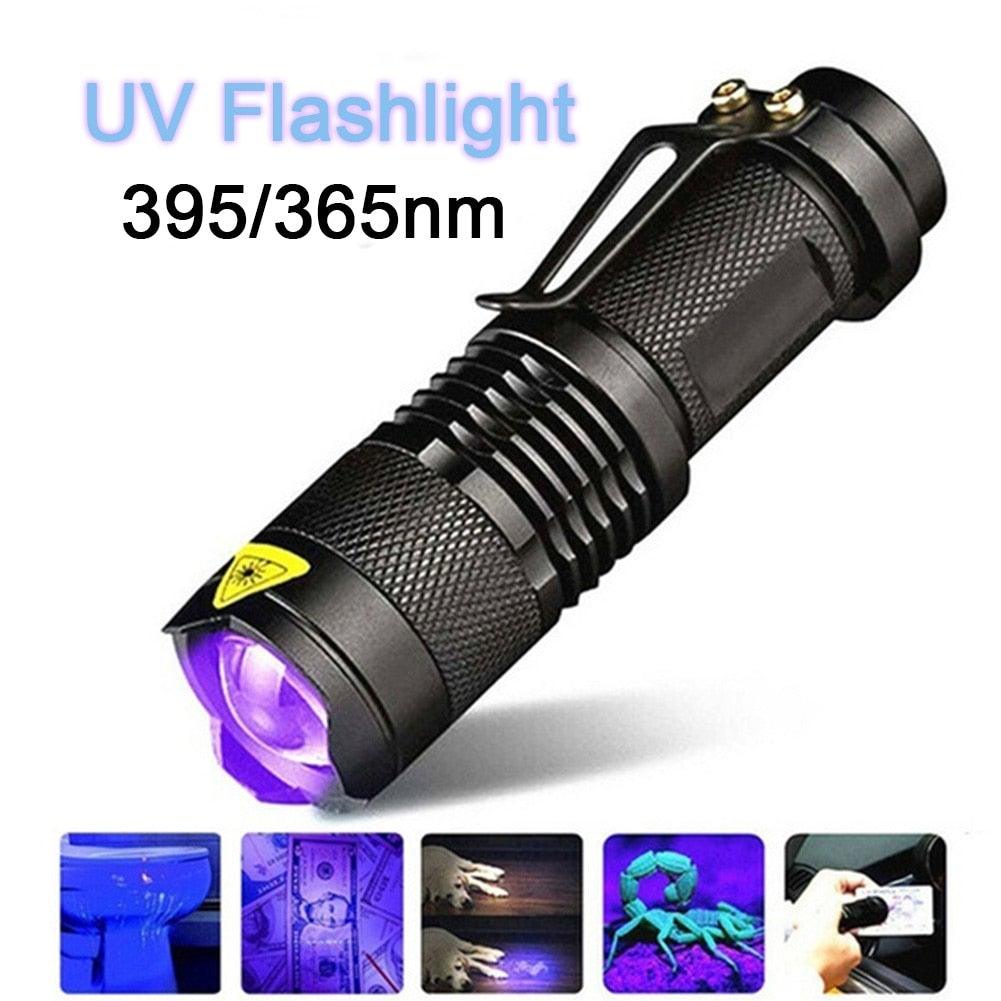 Stevvex UV flashlight 365/395nm rechargeable handheld with purple glow for urine stains on Tampa Home & Garden Store