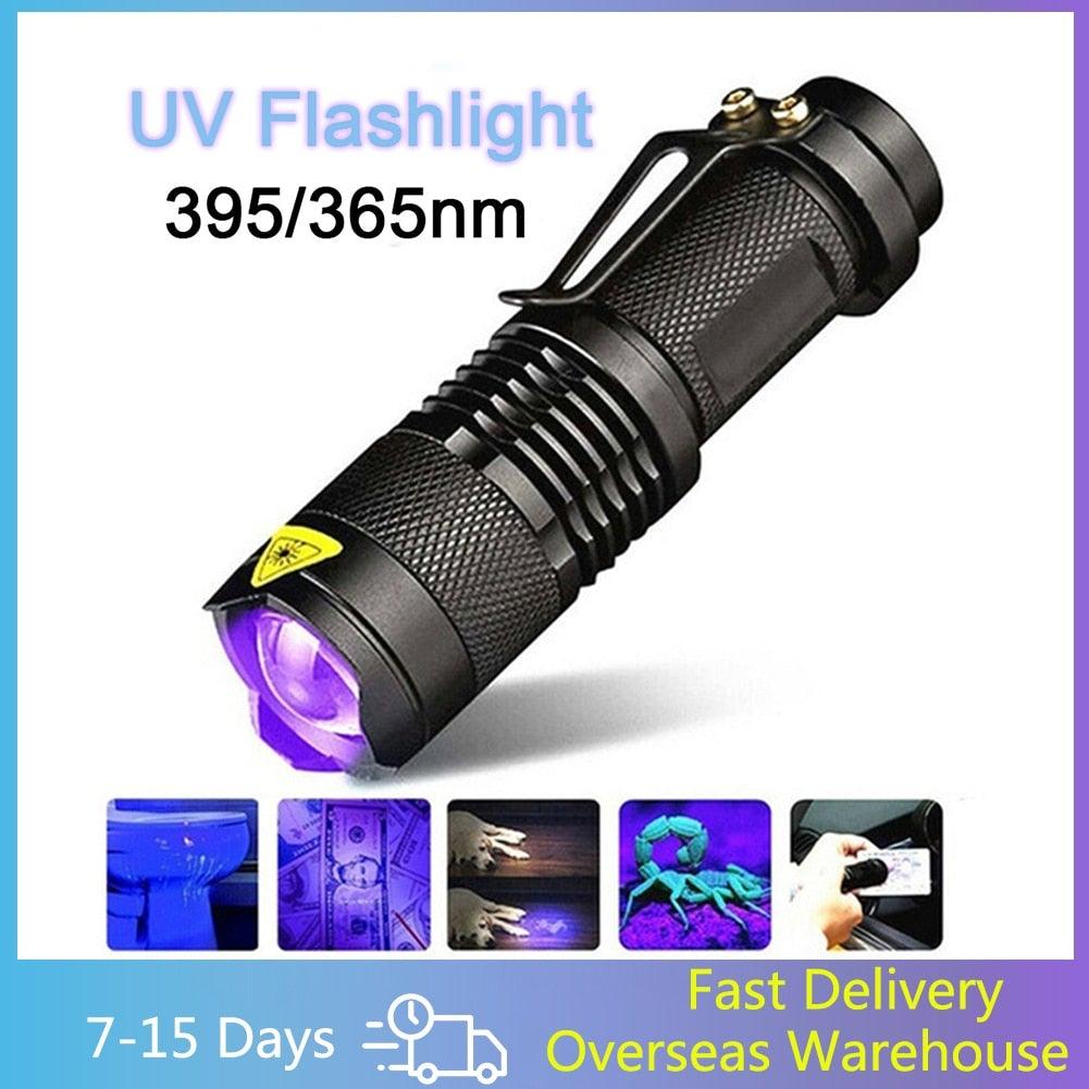 Stevvex UV flashlight handheld black body with purple UV light for dog urine stains on Tampa Home & Garden Store