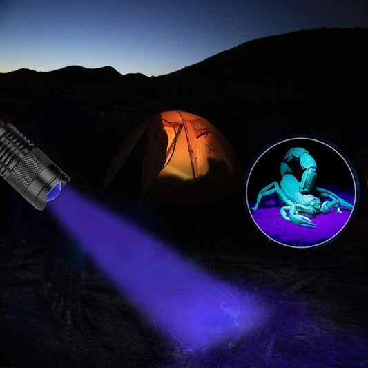 Stevvex UV flashlight handheld with purple beam for pet stains, camping tent scene on Tampa Home & Garden Store