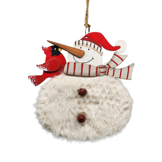 Wood and Fur Snowman Ornament - Grey Scarf with Cardinal - Tampa Home & Garden Store