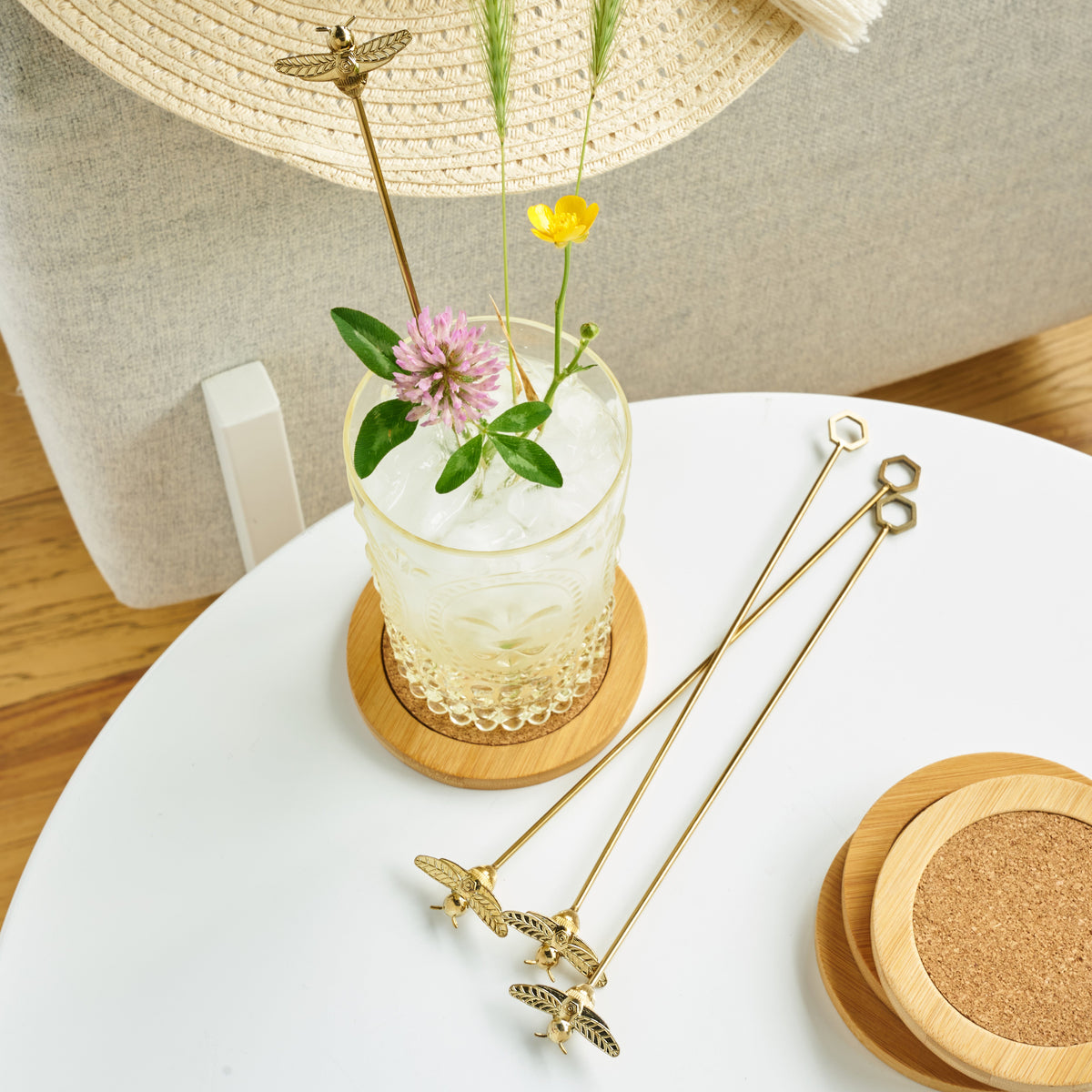 Bumble Bee Stir Sticks by Twine Living, gold bee toppers on slim gold skewers, set of 5 on Tampa Home & Garden Store