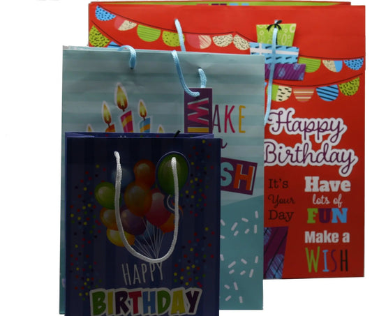 Three piece birthday gift bag set in assorted colors with handles and gift tags on Tampa Home & Garden Store