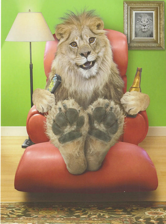 Birthday Card You're the Mane Man Dad playful card featuring a lion in a red chair with remote on Tampa Home & Garden Store