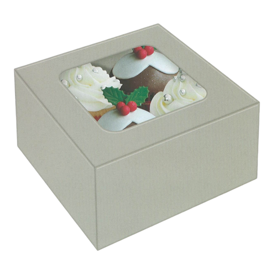 Silver Cupcake Box for Four Cupcakes with clear window by The Country Christmas Loft on Tampa Home & Garden Store