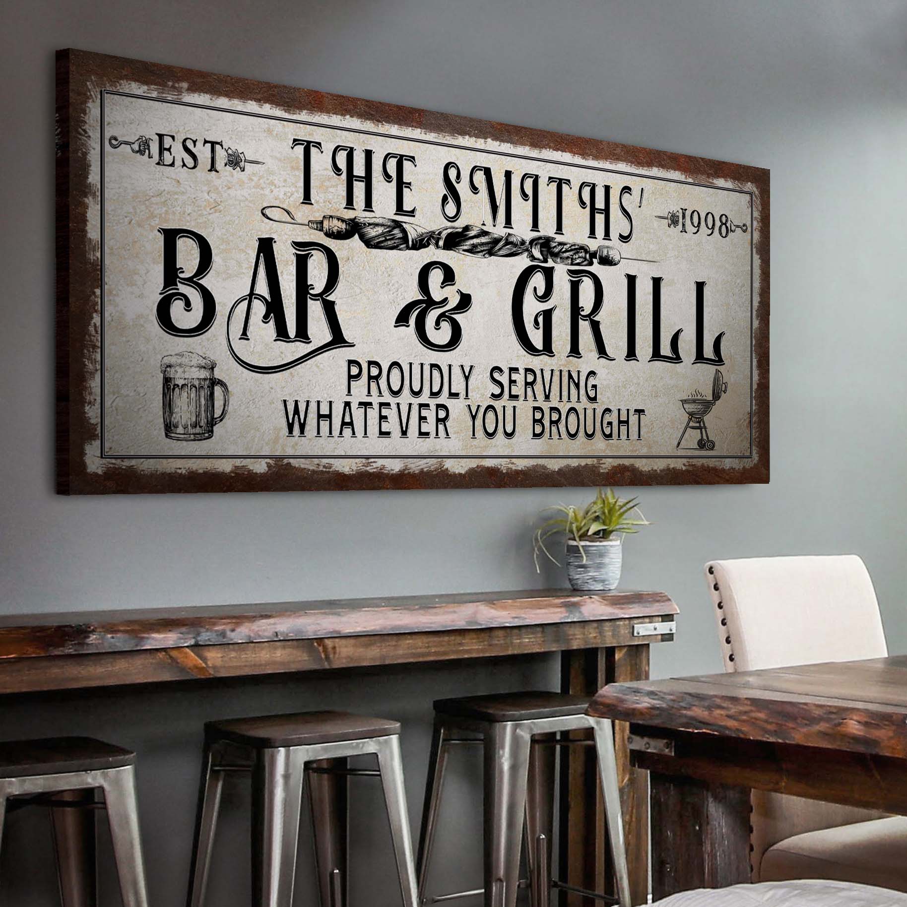 Personalized Bar and Grill Sign canvas with vintage beige background and black lettering on rustic frame on Tampa Home & Garden Store