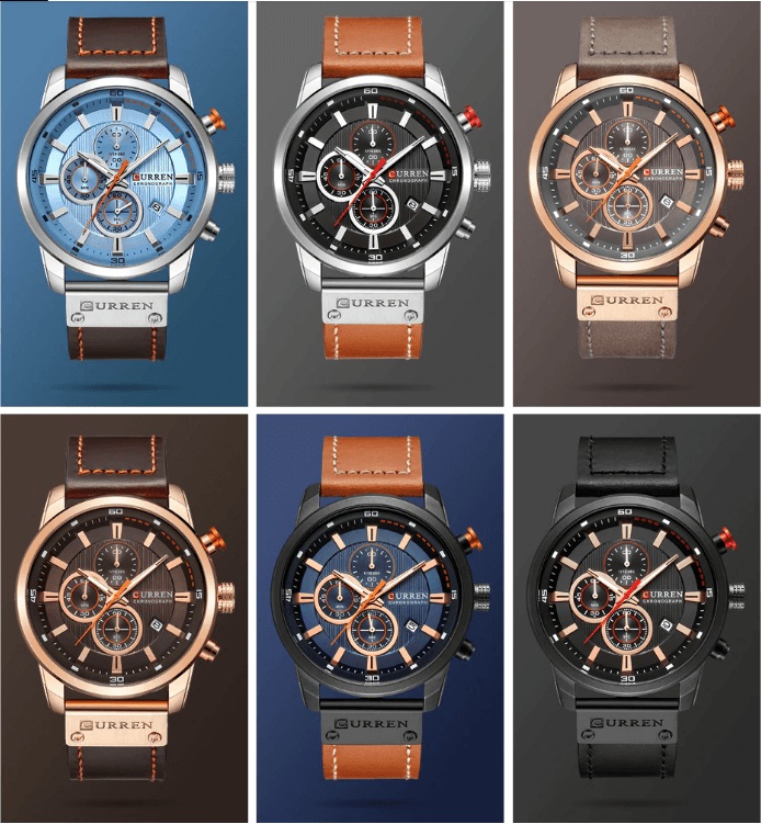 Six Curren men's waterproof chronograph watches with leather strap and day view hardlex on Tampa Home & Garden Store