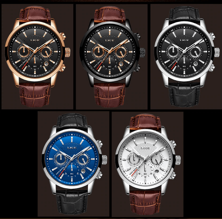 Six LIGE men's waterproof chronograph watches with day view, leather straps and blue/black/silver dials ST1LG5500MKJX on Tampa Home & Garden Store