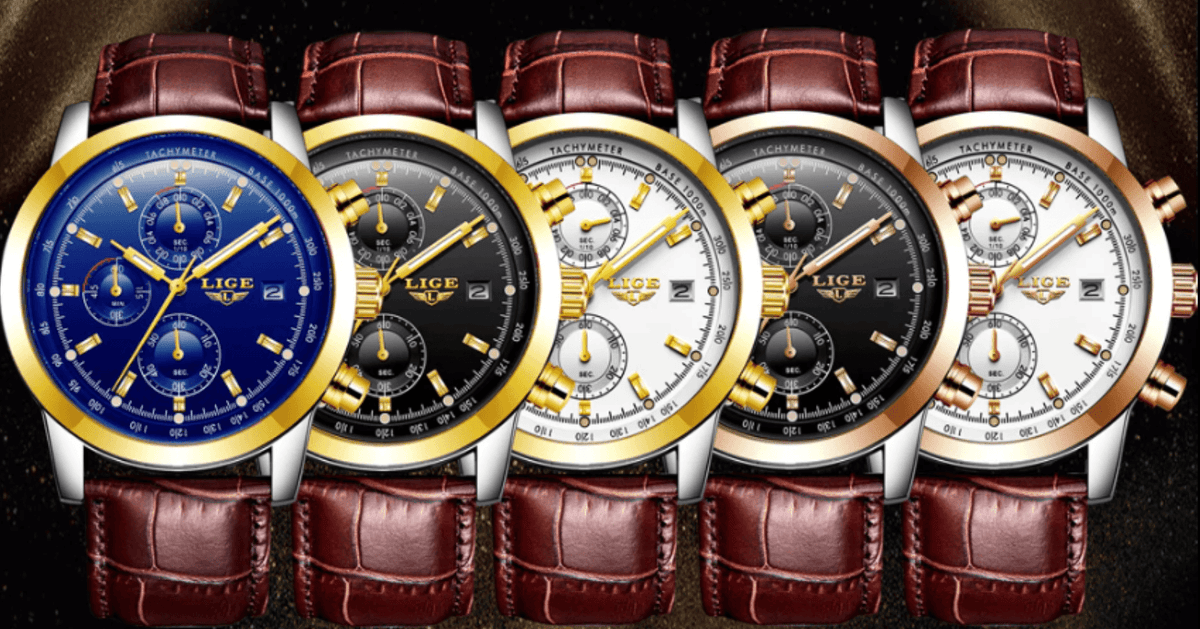 Five men's waterproof chronograph watches with brown leather straps and gold bezels on Tampa Home & Garden Store