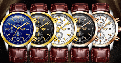 Five men's waterproof chronograph watches with brown leather straps and gold bezels on Tampa Home & Garden Store