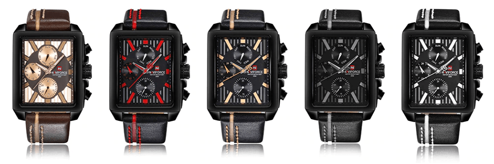 Stevvex men's waterproof chronograph watch with leather strap; five square-face models on Tampa Home & Garden Store
