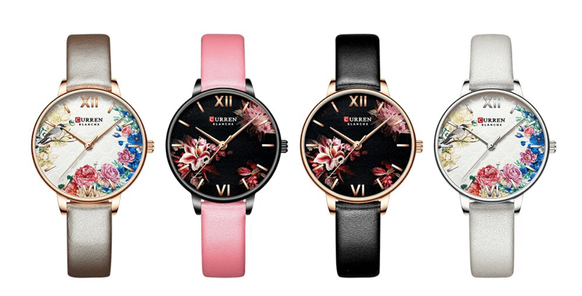 Set of four Stevvex women's watches with Curren Blanche floral dials Roman numerals, taupe, pink, black, silver straps
