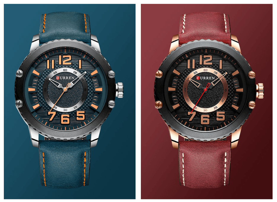 Pair of men's waterproof sport watches with blue and burgundy straps, large numerals Curren dial on Tampa Home & Garden Store