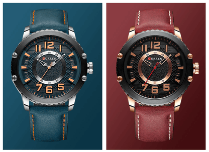 Pair of men's waterproof sport watches with blue and burgundy straps, large numerals Curren dial on Tampa Home & Garden Store