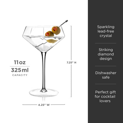 Seneca Diamond Crystal martini glasses, Viski, clear lead-free crystal, set of 2 on Tampa Home & Garden Store