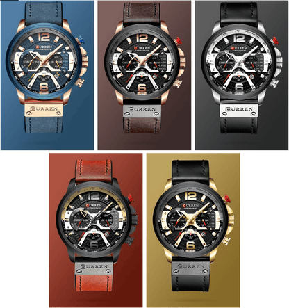 Curren men's sport chrono watches with leather straps blue brown black gold-tone variants on Tampa Home & Garden Store