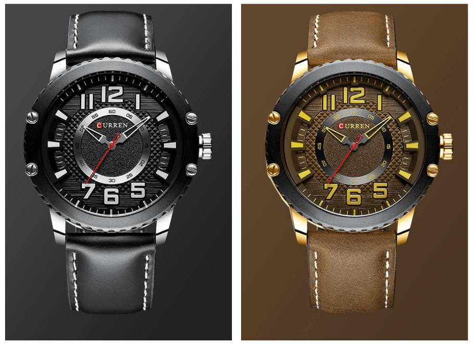 Pair of Curren men's waterproof sport watches with black and brown leather straps and large numerals on Tampa Home & Garden Store