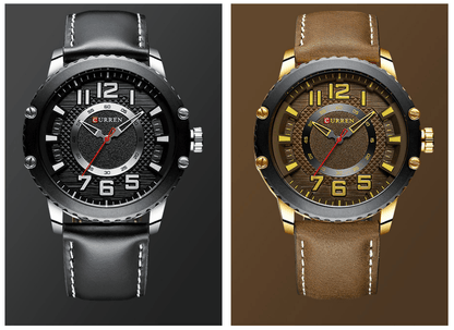 Pair of Curren men's waterproof sport watches with black and brown leather straps and large numerals on Tampa Home & Garden Store