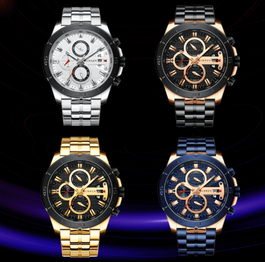 Set of 4 multi-color men's waterproof chronograph watches day view and fluorescent hands on Tampa Home & Garden Store