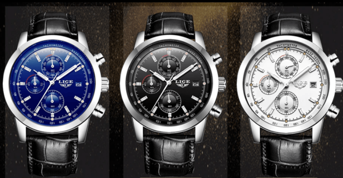 Stevvex men's waterproof chronograph trio blue-black-white dials on leather straps on Tampa Home & Garden Store