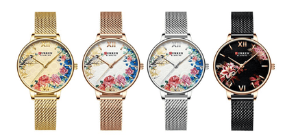 Womens decoupage floral Curren watch with large Roman numerals, 4 mesh-band styles in gold on Tampa Home & Garden Store