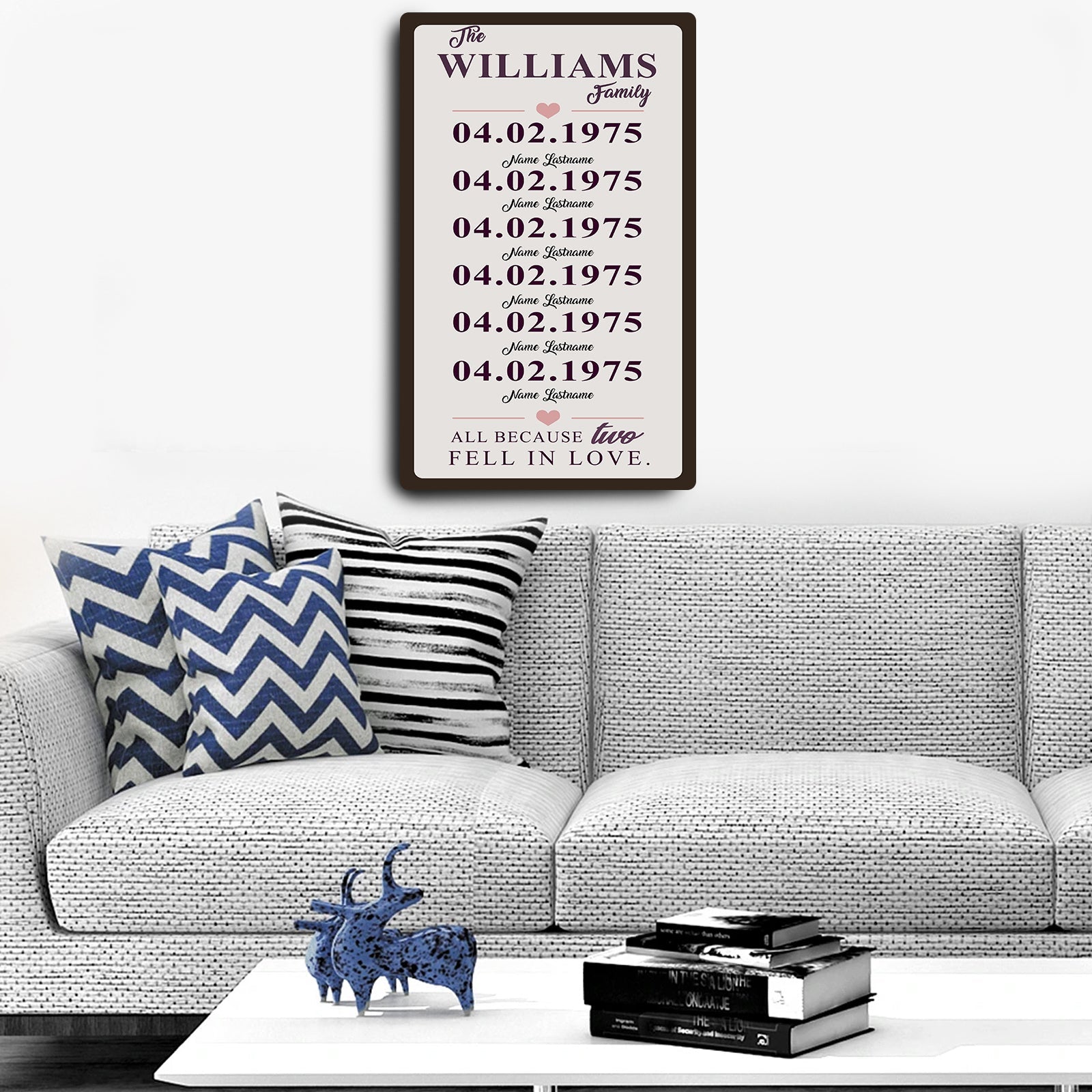 Family Dates Sign canvas by Tailored Canvases, brown framed wall art with 04.02.1975 dates on Tampa Home & Garden Store