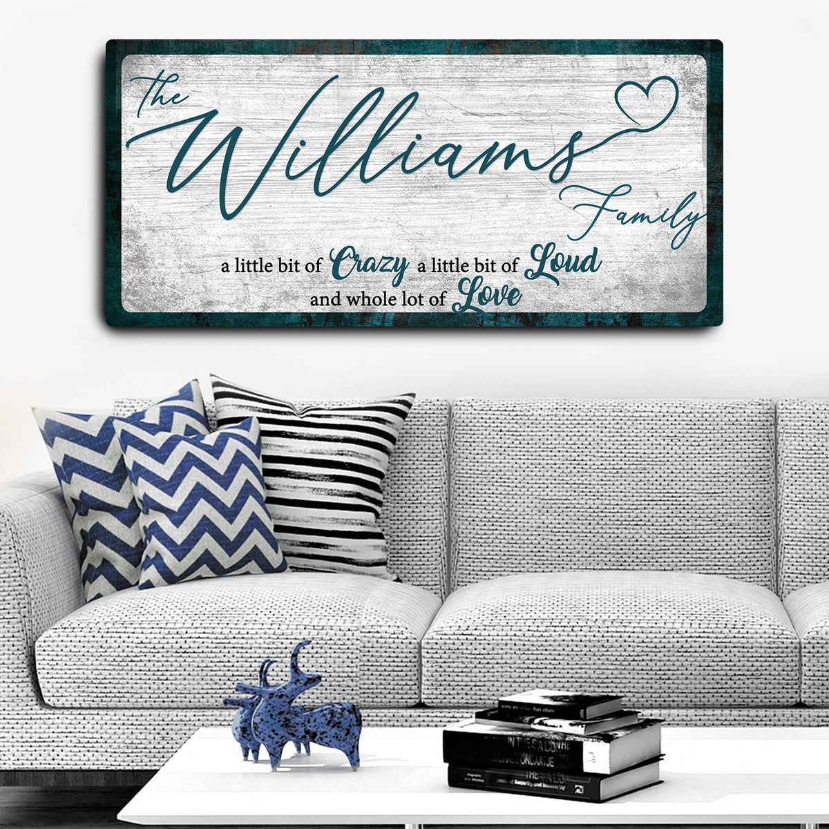 Crazy Lousd Lave Family Sign canvas by Tailored Canvases Williams teal script on distressed wood on Tampa Home & Garden Store