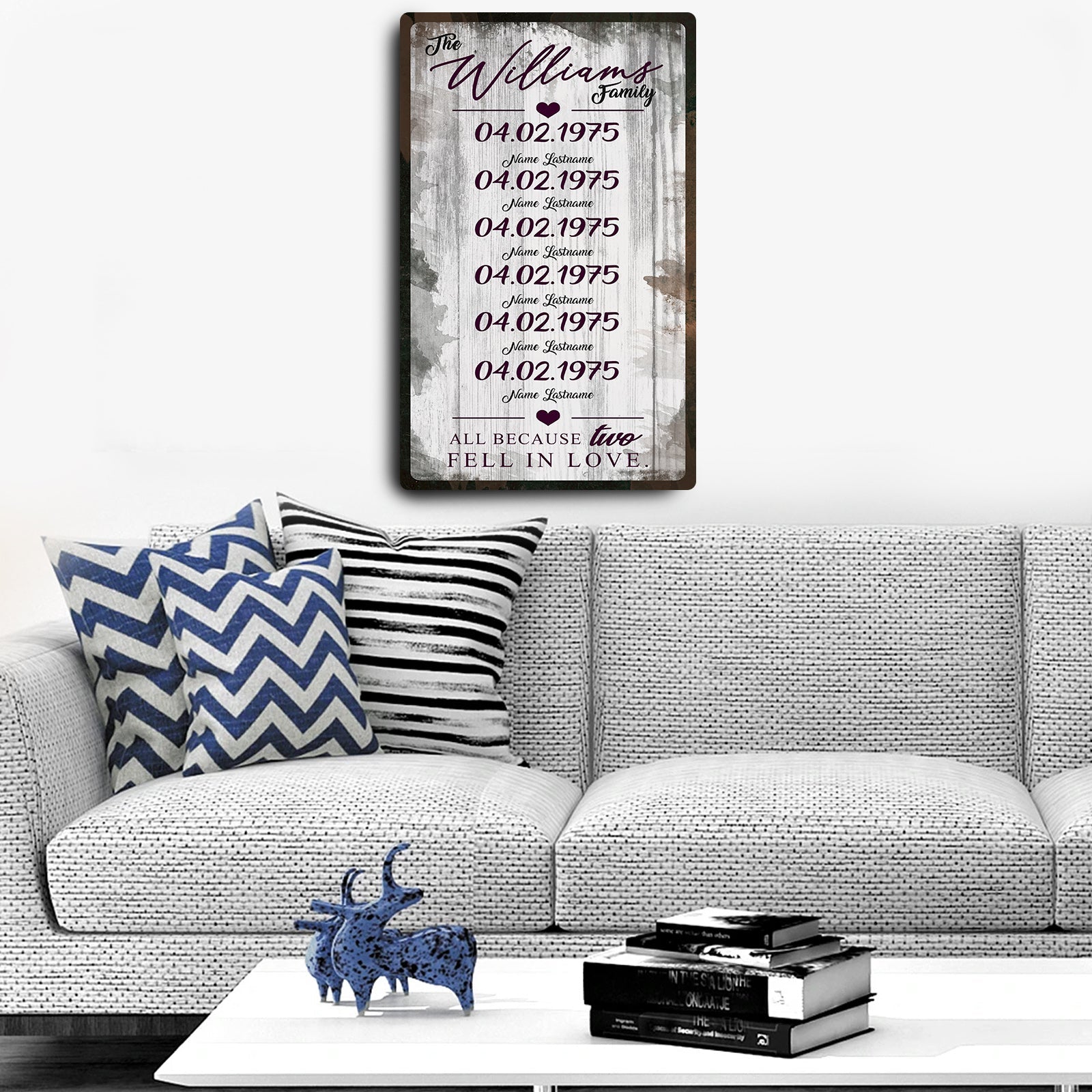 Family Dates Sign canvas by Tailored Canvases with rustic wood backdrop and burgundy date text on Tampa Home & Garden Store