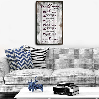 Family Dates Sign canvas by Tailored Canvases with rustic wood backdrop and burgundy date text on Tampa Home & Garden Store