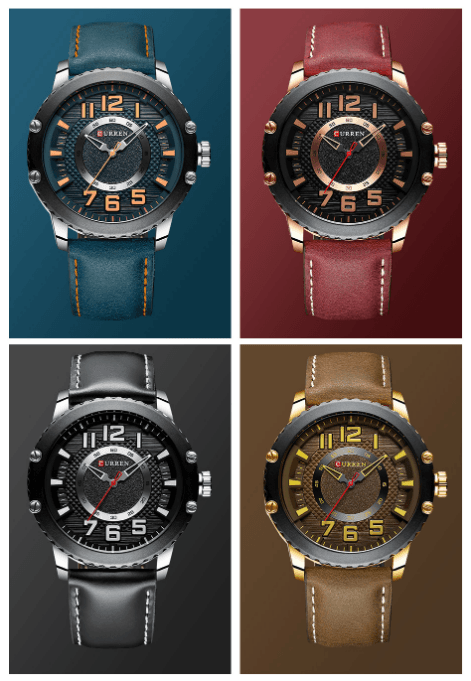Men's waterproof sport watch with leather belts; 4 watches in blue red black tan by Stevvex on Tampa Home & Garden Store