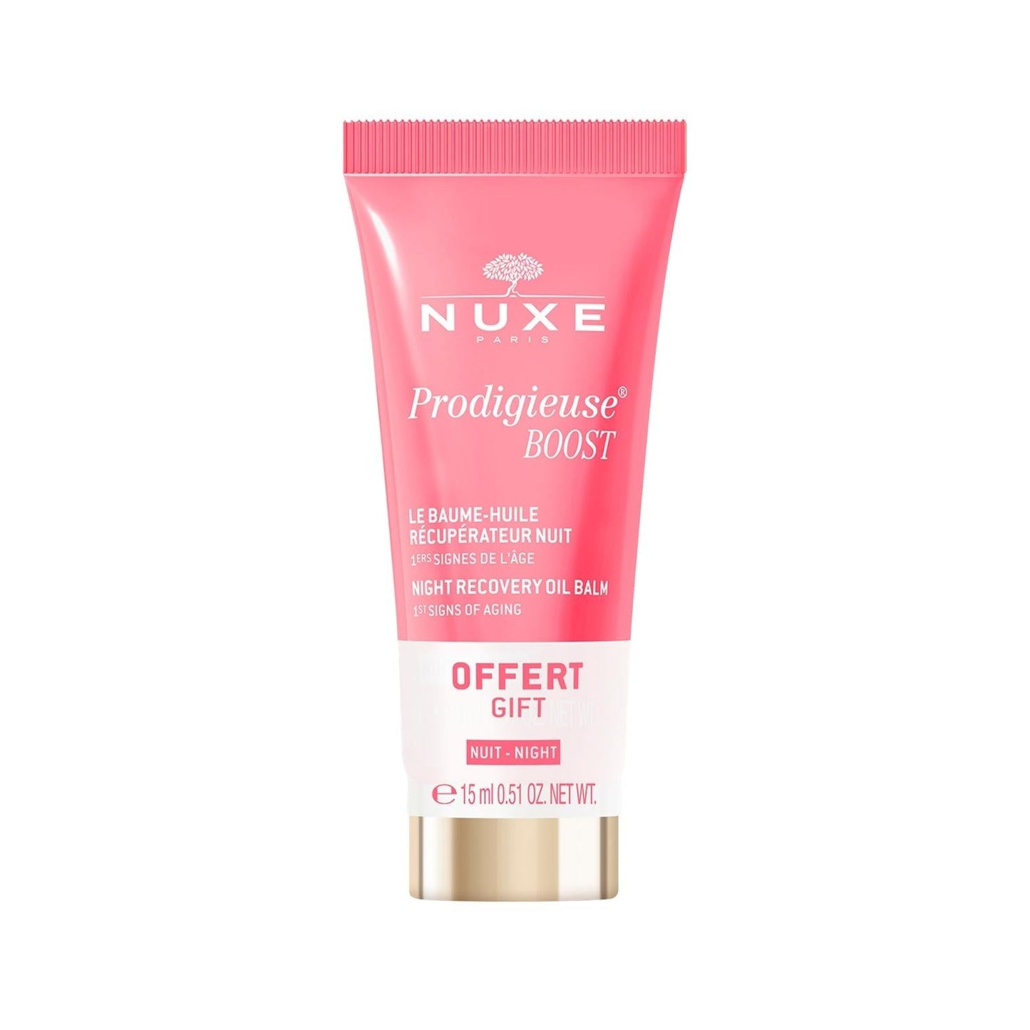 NUXE Prodigieuse Boost Night Recovery Oil Balm pink tube with gold cap 15 ml on Tampa Home & Garden Store