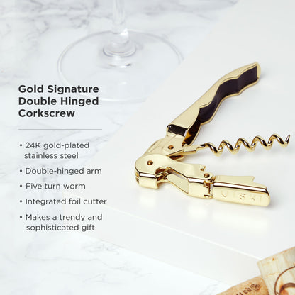 Crystal Wine Glasses and Gold Corkscrew Gift Set