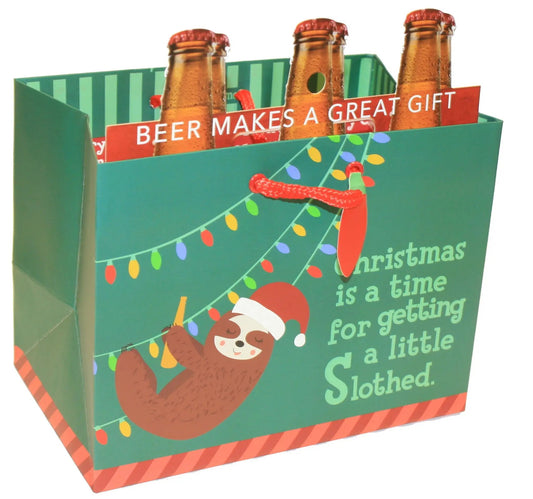 Beer Gift Bag Sloth with Matte Finish green bag featuring beer bottles and Christmas lights on Tampa Home & Garden Store