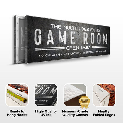 Family game room sign canvas by Tailored Canvases with distressed black background on Tampa Home & Garden Store
