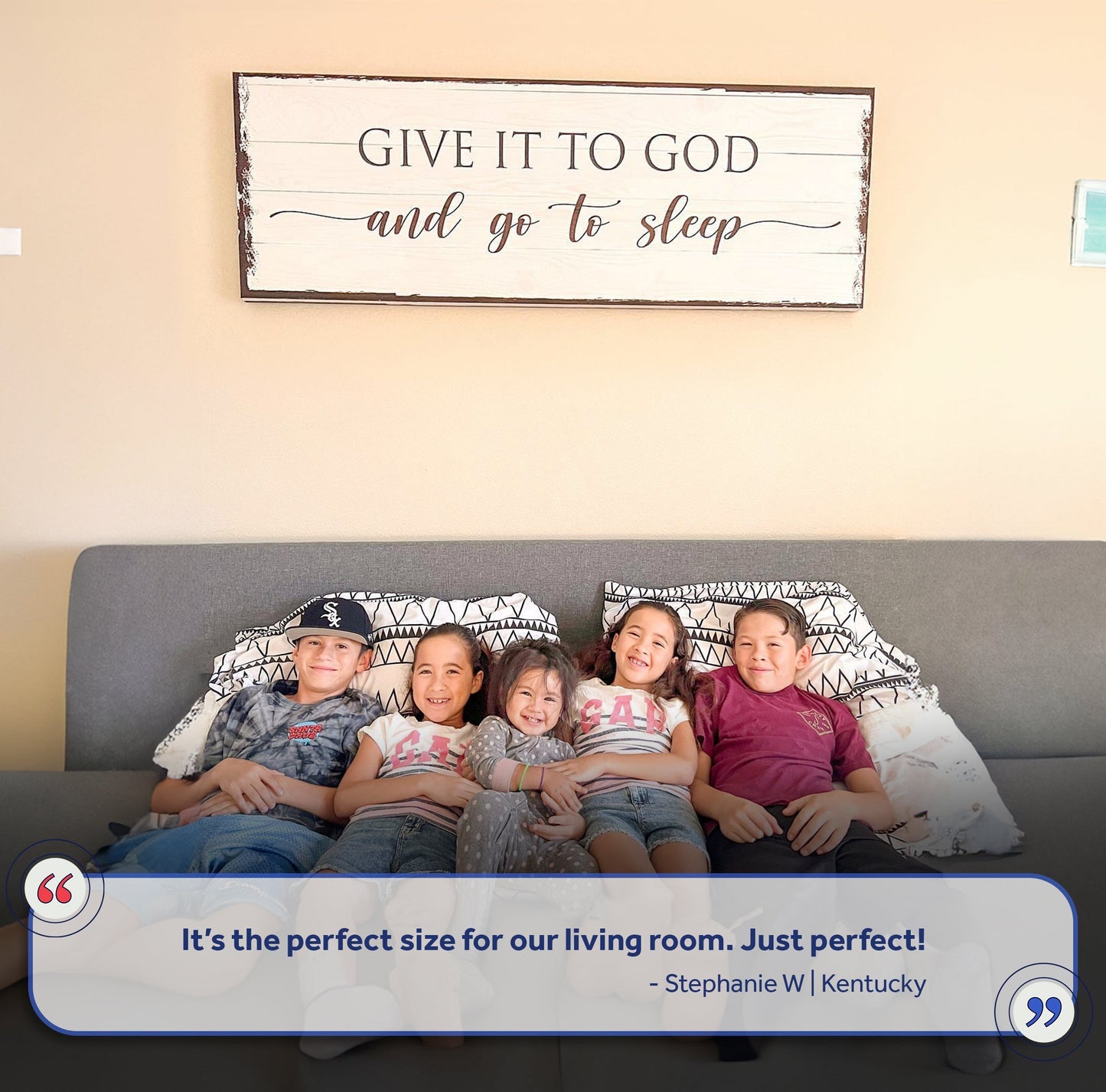 Canvas sign Give It To God And Go To Sleep on white wood with dark frame Tailored Canvases on Tampa Home & Garden Store