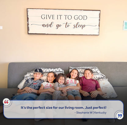 Canvas sign Give It To God And Go To Sleep on white wood with dark frame Tailored Canvases on Tampa Home & Garden Store