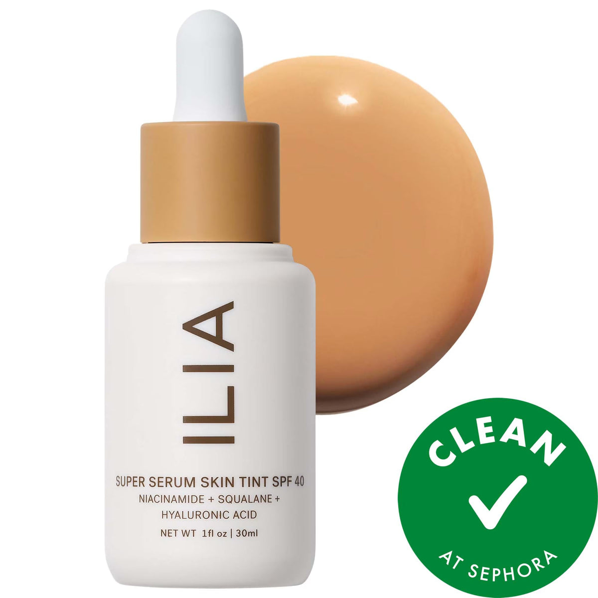 ILIA Super Serum Skin Tint SPF 40 foundation bottle with white dropper and tan cap, beige shade, 1 fl oz on Tampa Home & Garden Store
