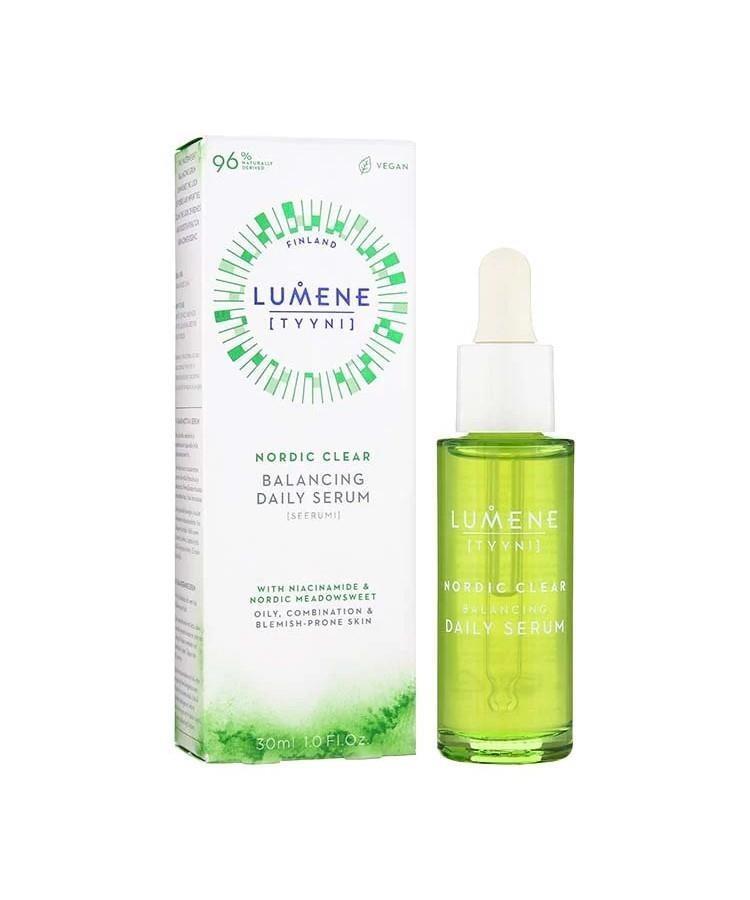 Lumene Nordic Clear Balancing Daily Serum bottle with green glass and white dropper beside box on Tampa Home & Garden Store