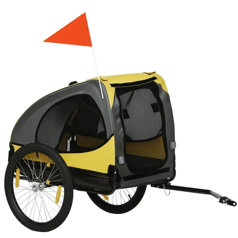 Dog bike trailer with yellow and gray canopy, mesh panels, and orange flag on Tampa Home & Garden Store
