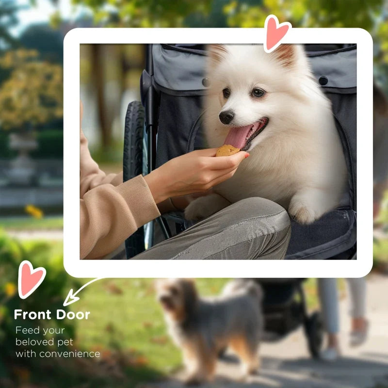 3 Wheels Pet Stroller for Small Dogs by Furr Baby Gifts; gray stroller with mesh, white dog inside on Tampa Home & Garden Store